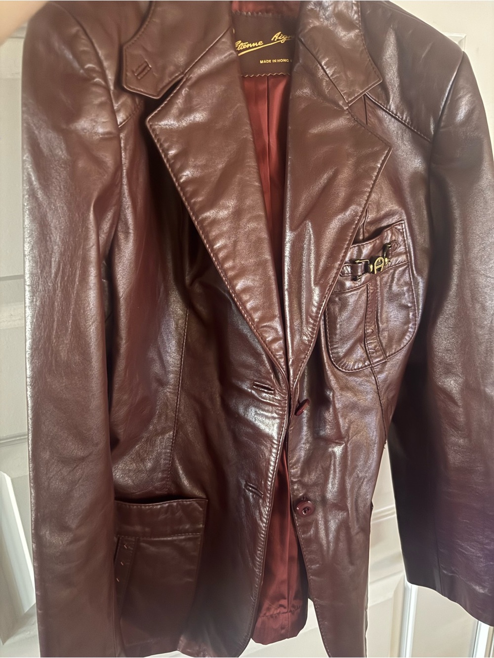 Etienne Aigner Burgundy Leather Jacket with Satin Lining